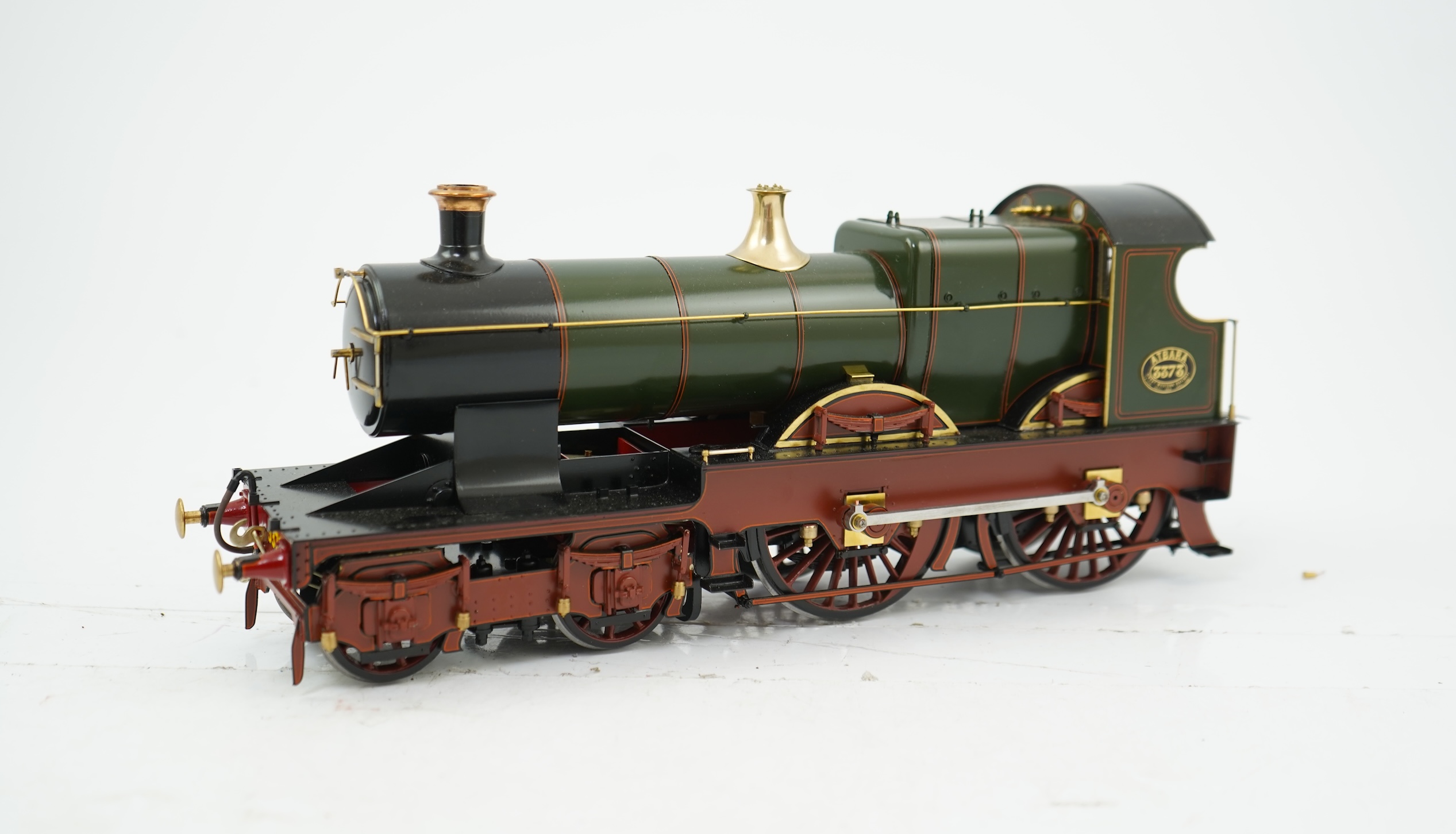 A Gauge One model of GWR Atbara Class, Atbara 3373, 4-4-0 tender locomotive, the model is unpowered, allowing for detailed valve gear and cylinders between the frames.